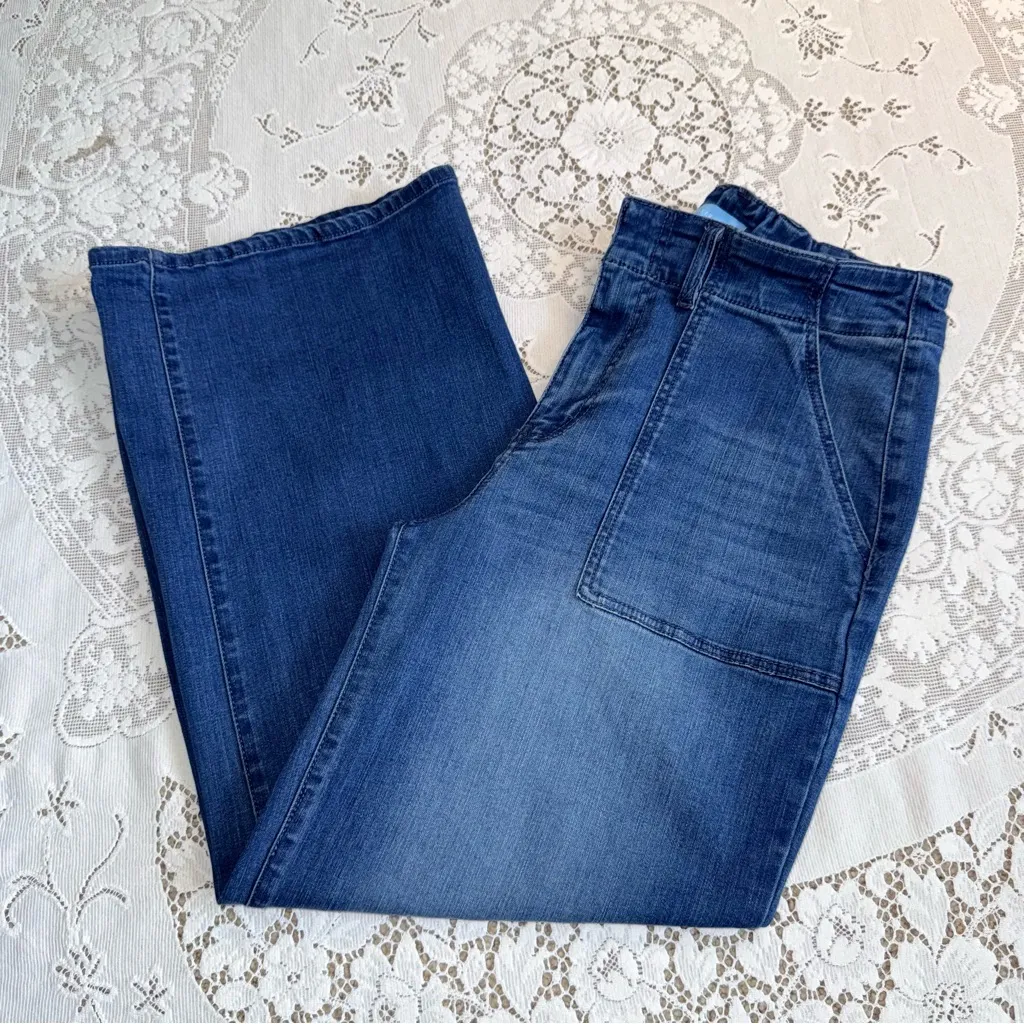 Draper James women’s High Rise Wide Leg Dark Patch Pocket Blue Jeans size 12 - Image 12