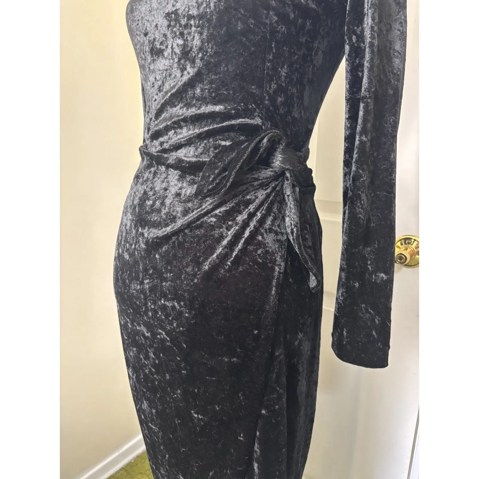 Vtg 90s Black Crushed Velvet Long Sleeve Dress Sz Small Whimsigoth Fairy Grunge - Image 7