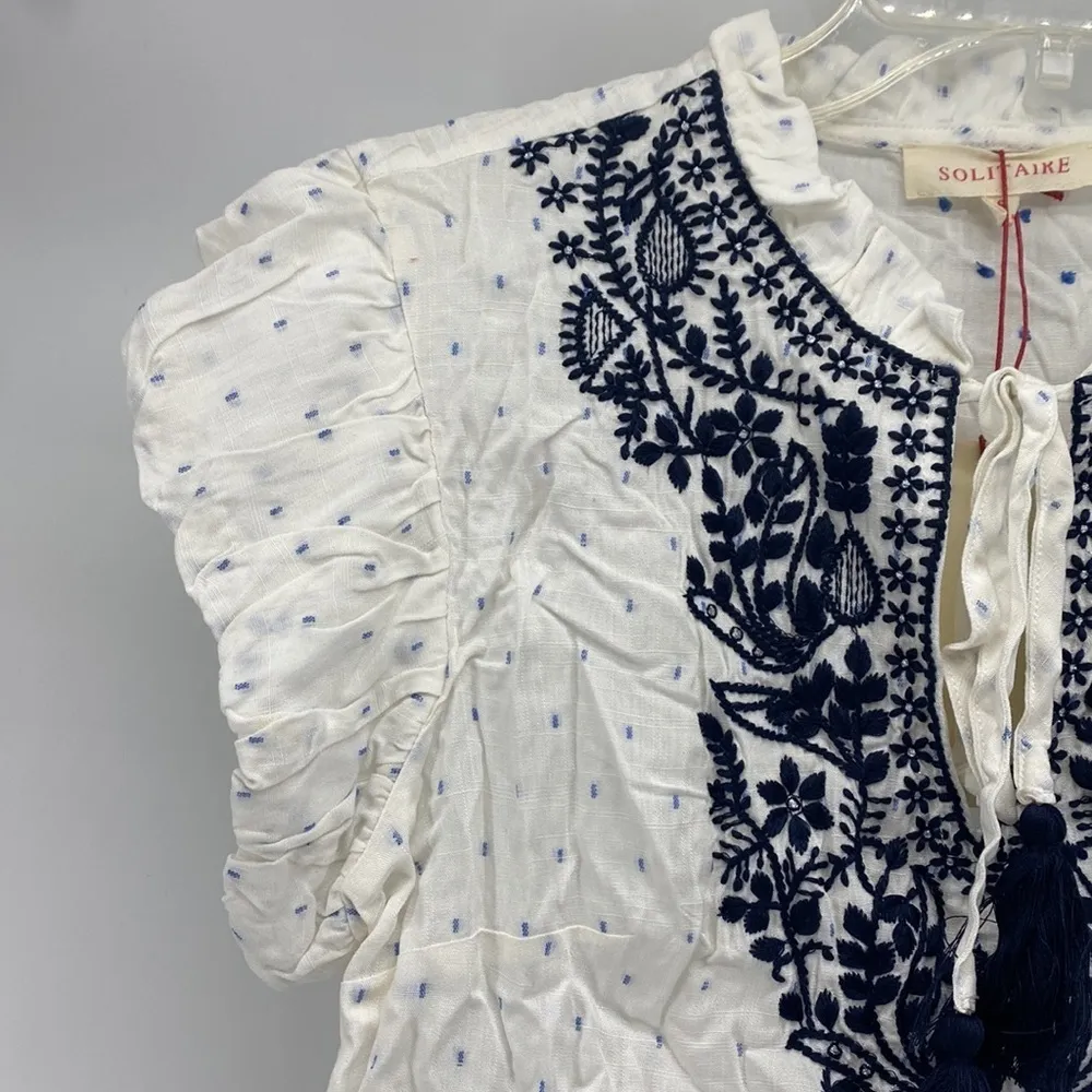 Solitaire blue white embroidered polka dot bohemian semi sheer lightweight top - Image 5