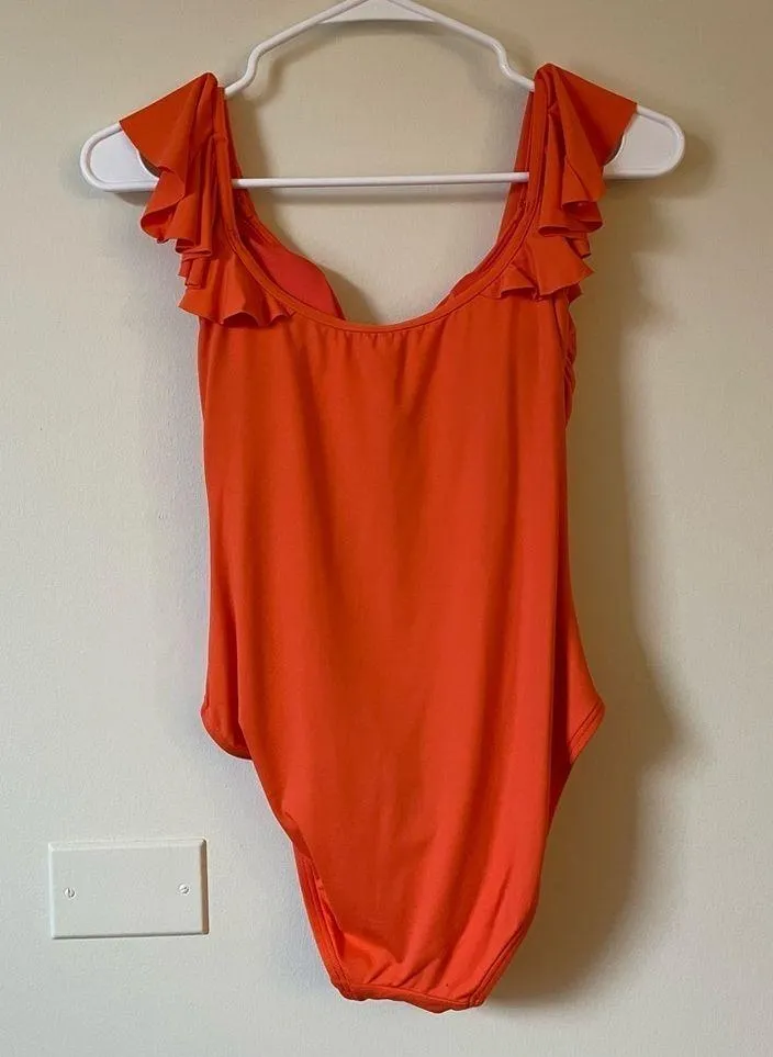 Vince Camuto Swim Nylon Bandeau Orange Tangerine Ruffle Shoulder One Piece Swim - Image 4