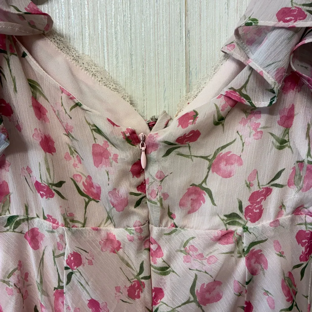 LUSH Pink Floral Ruffle Milkmaid Midi Dress Cottagecore Coquette Romantic S - Image 5