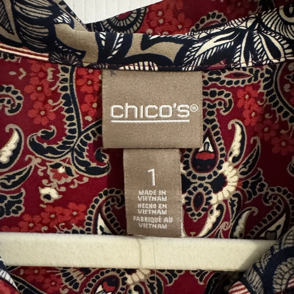 Chico's NEW Womens Baroque Paisley Flutter Tunic Blouse Red Wine size 1, M/8 - Image 3
