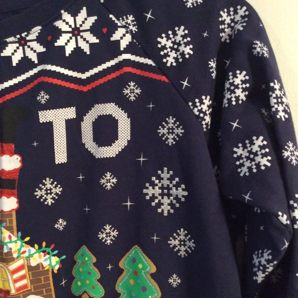 Ugly Sweater Christmas Winter "Up to snow good" blue gingerbread house trees Size L - Image 5