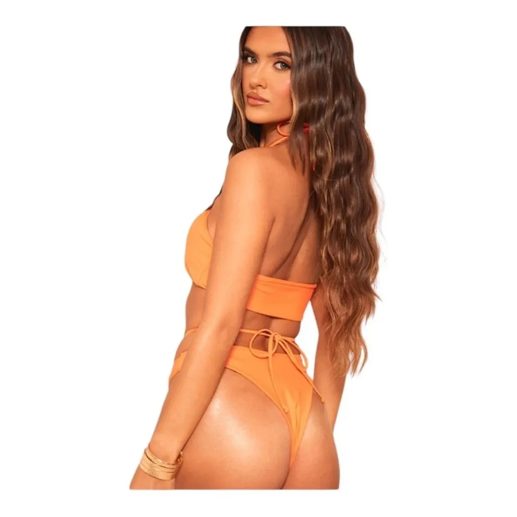 PrettyLittleThing Orange O Ring Waist Strap Bikini Bottoms Hi Cut Cheeky US 4 - Image 2