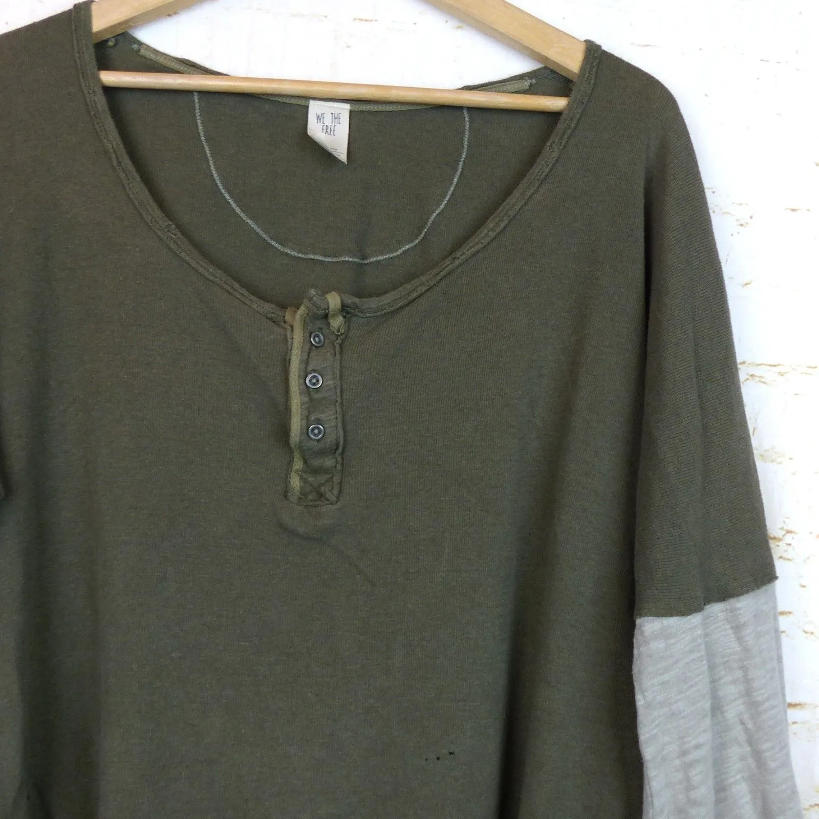 Free People Henley Top Women XS Green Oversized Crop Distress Linen Blend Grunge - Image 7