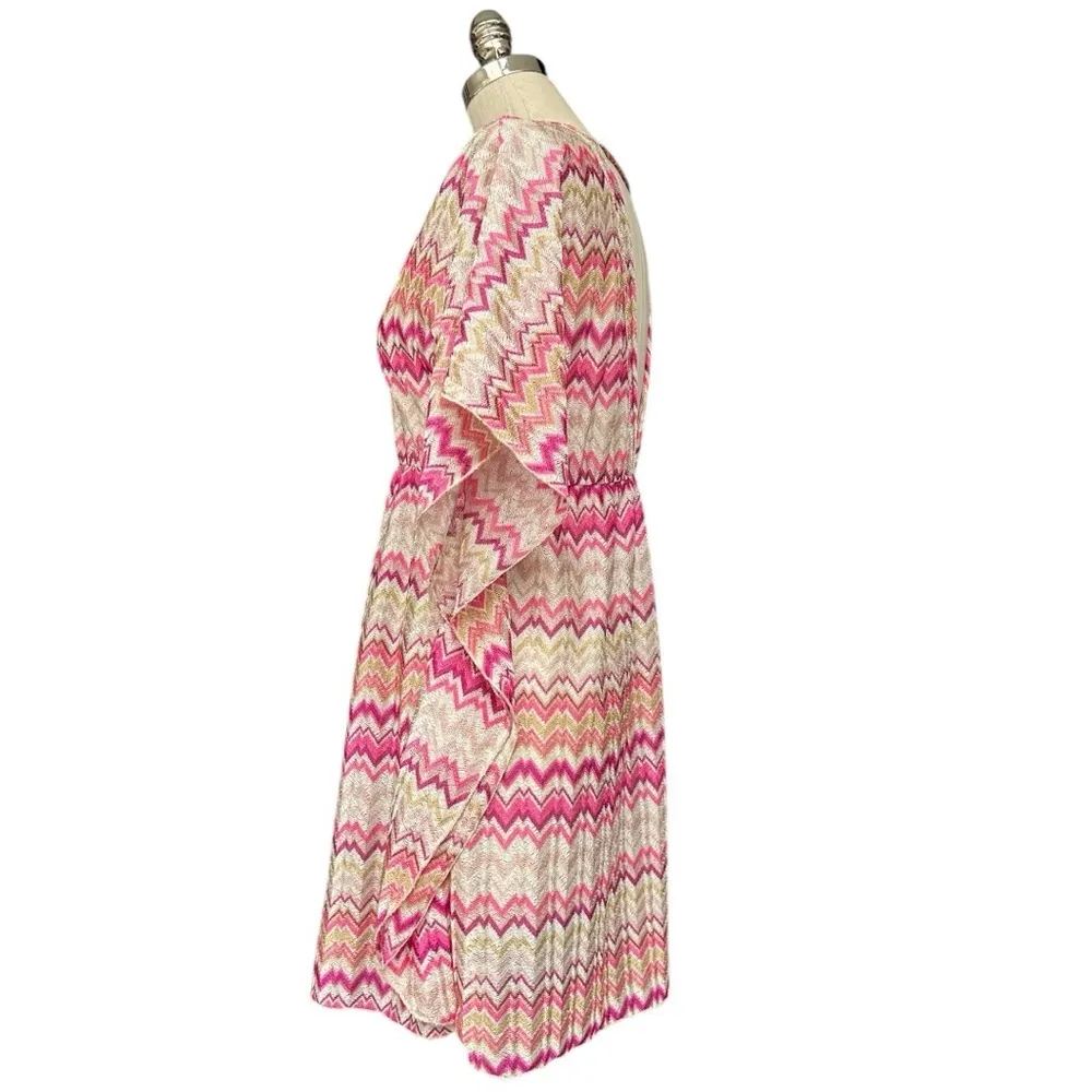 Pink and White Swim Coverup with V-Neck and Flutter Sleeves - Image 3