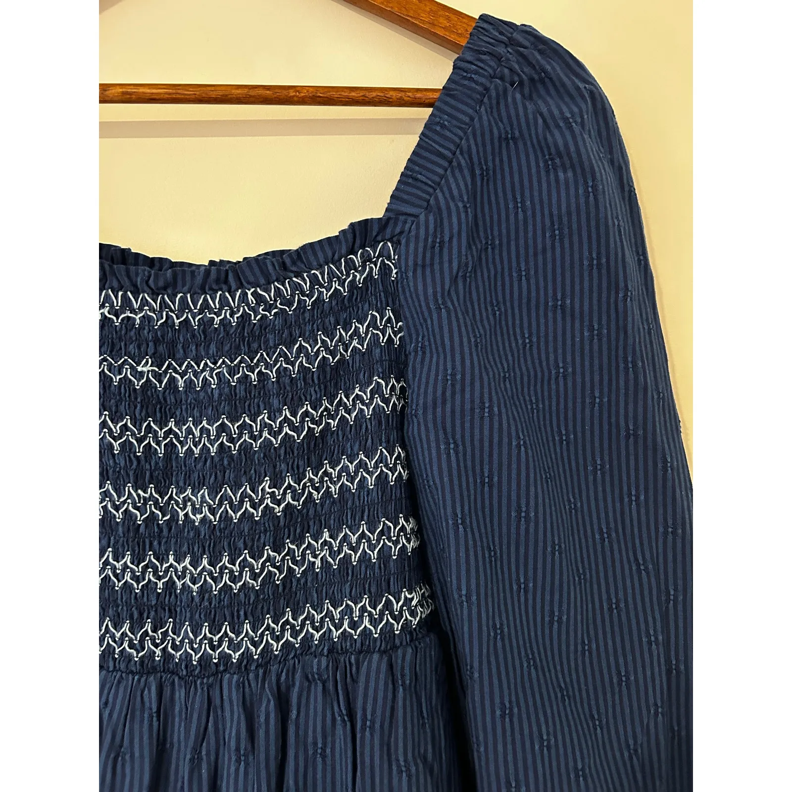 Draper James RSVP Puff Long Sleeve Smocked Bodice Dress Knee Length Blue EUC S - Image 5