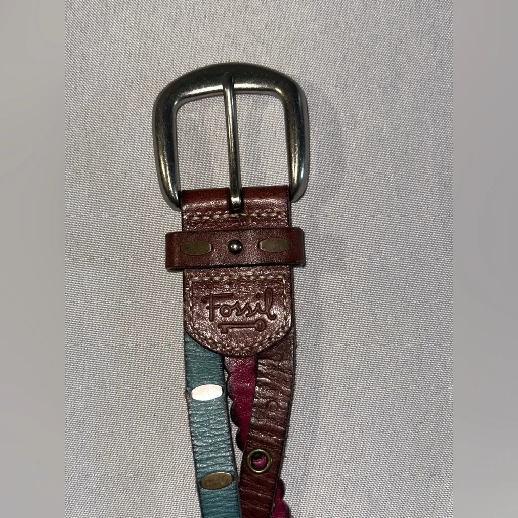 Fossil Women's Studded Braided Multi Color Leather Belt Size S Brown Aqua Pink - Image 6