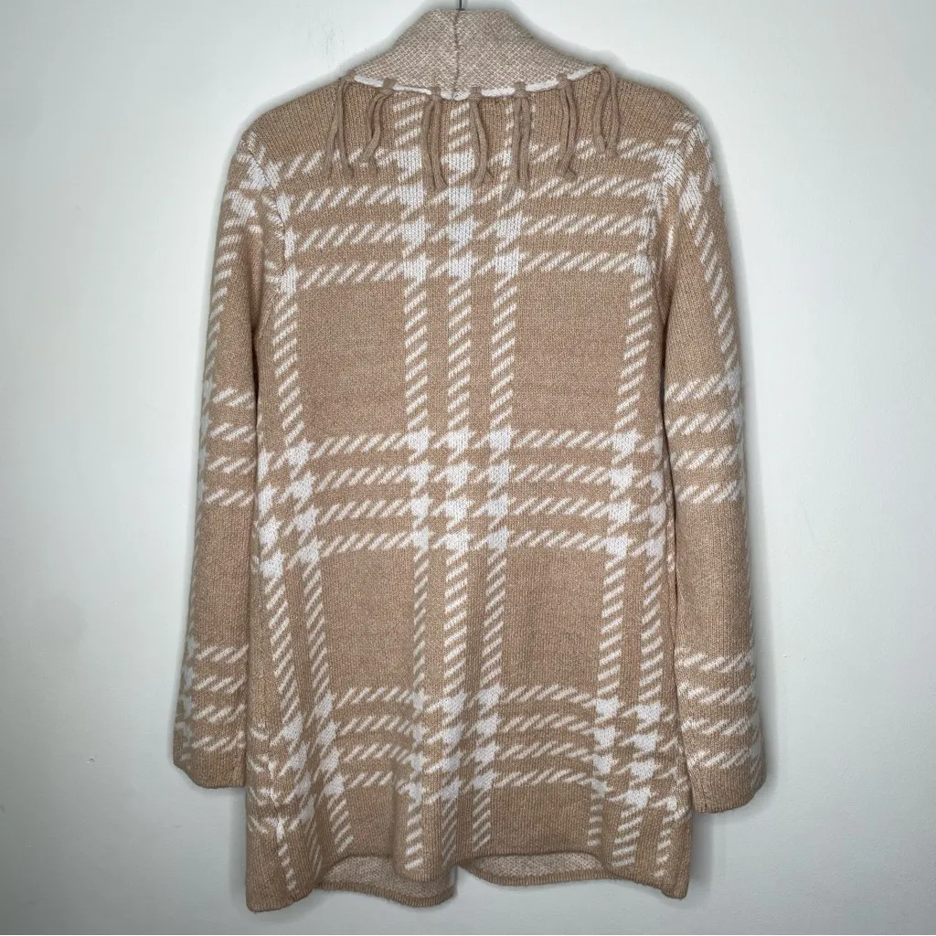 Adrienne Vittadini Open Front Fringe Houndstooth Pattern Cardigan Sweater M - Image 2