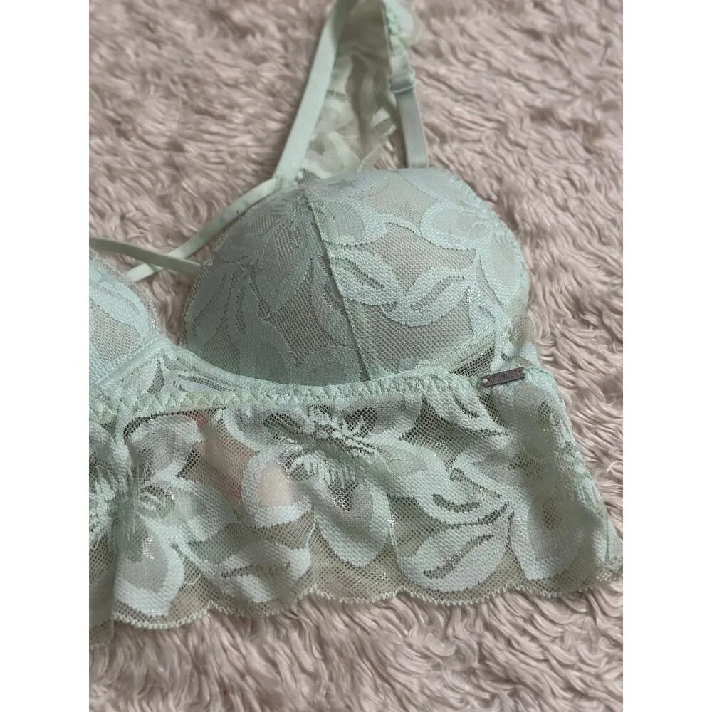 Victoria's Secret XS Lace Push Up Bralette Strappy Racer Bra Blue SIlver Star - Image 2