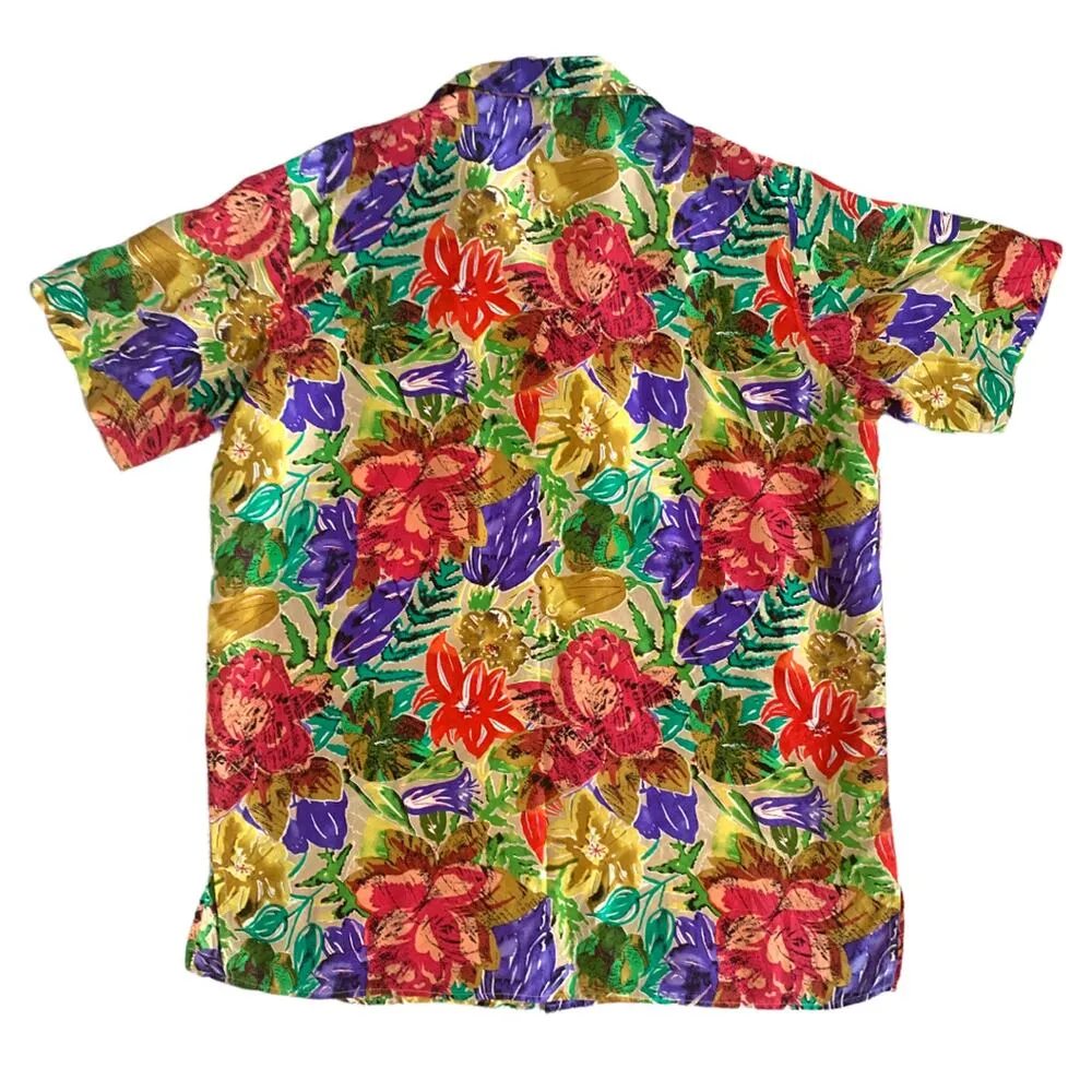 Vintage 90s Saks Fifth Avenue Silk Floral Shirt Bright Tropical Button Up Medium Red Size L - Image 10