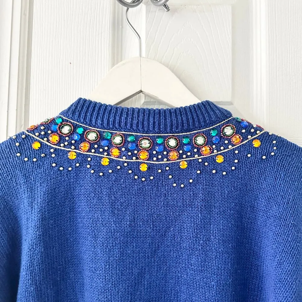 Western Connection Vintage Blue Cotton Ramie Embellished 80s Knit Sweater Large - Image 9