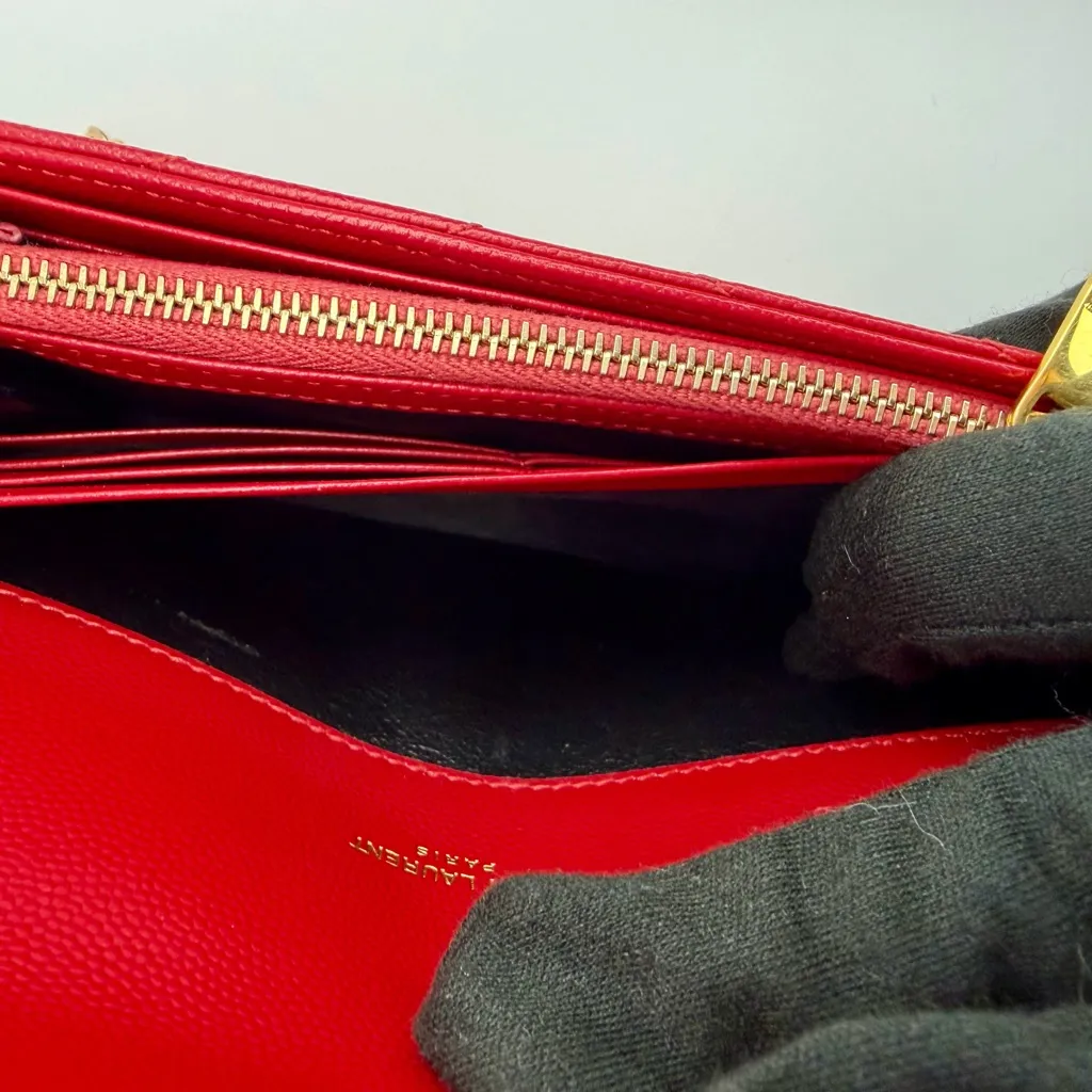 Yves Saint Laurent YSL Monogram Chevron Leather Clutch Crossbody Wallet with Chain Red - Image 9