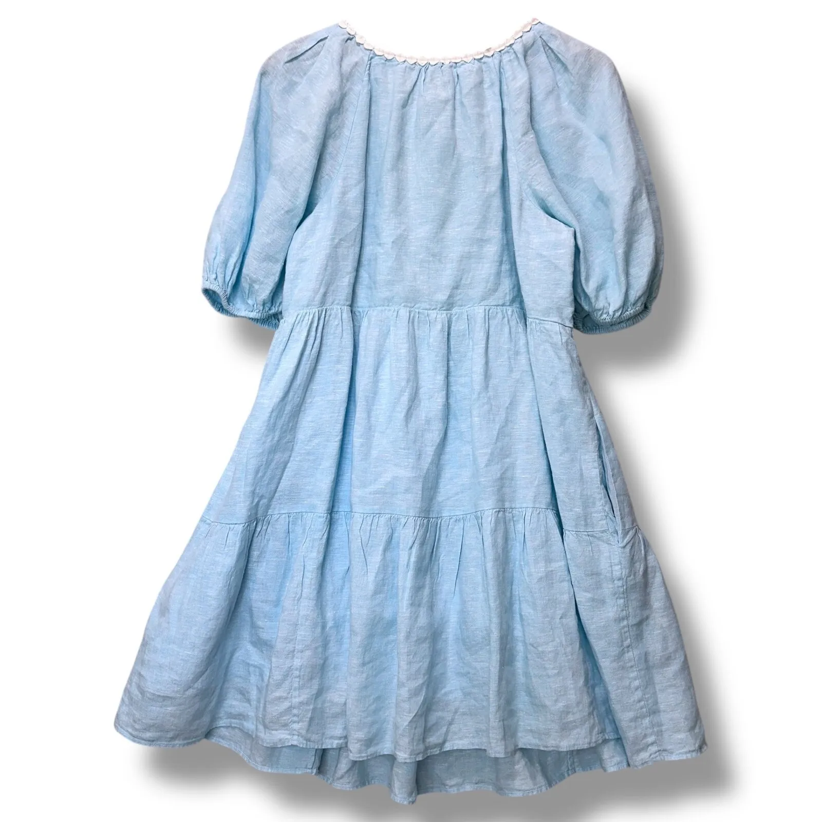 Lilly Pulitzer Blue Linen Puff Sleeve Dress Eyelet Pockets Sz‎ 10 Summer Resort - Image 3