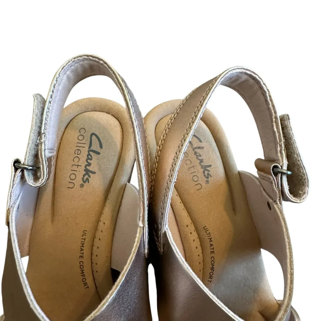 Clarks Giselle Ivy Wedge Sandals Rose Gold Metallic Cork Heel Comfort Size 7 - Image 4