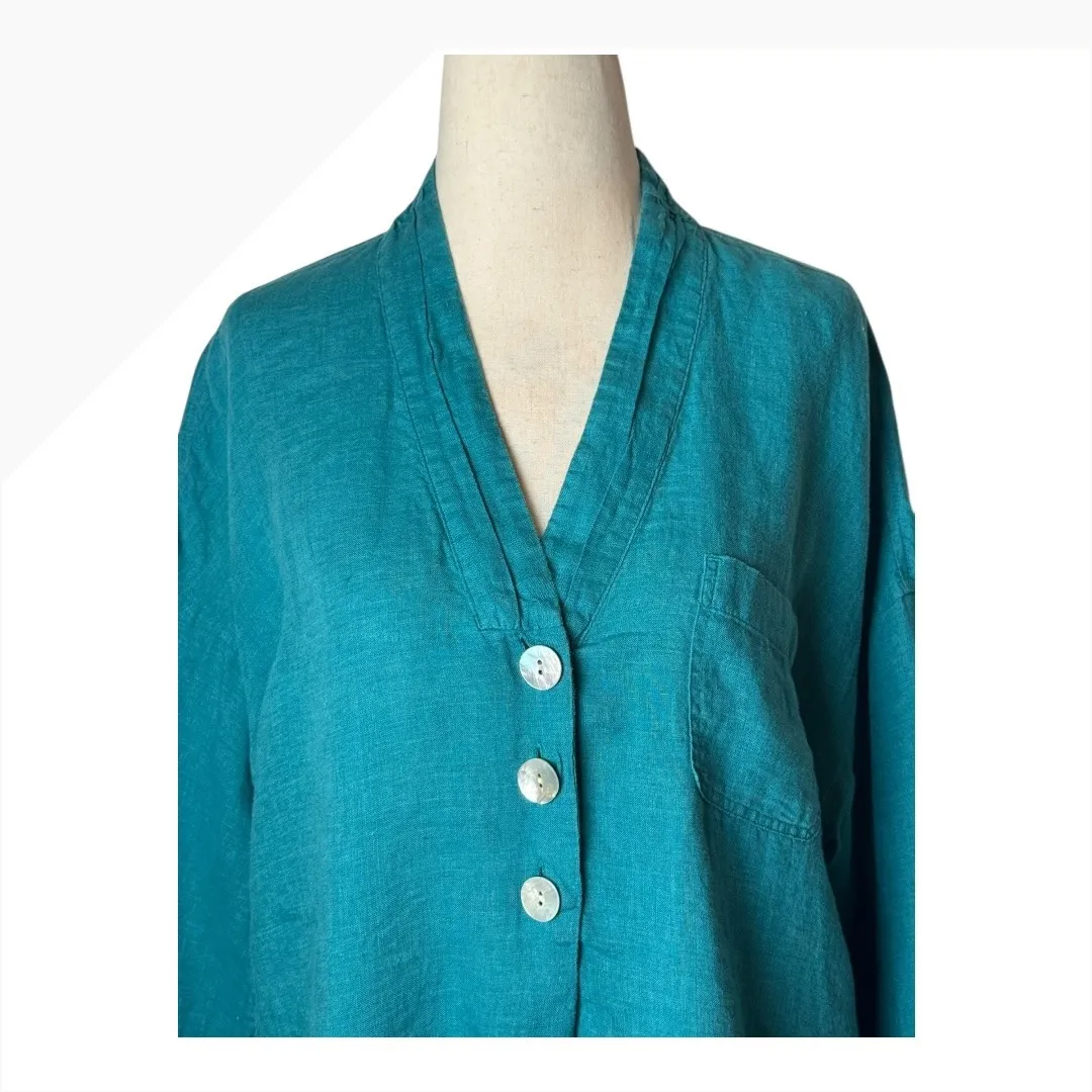 J Jill‎ Shirt Women Medium Teal Blue Green Yarn Dyed Linen Button Front Tunic - Image 3