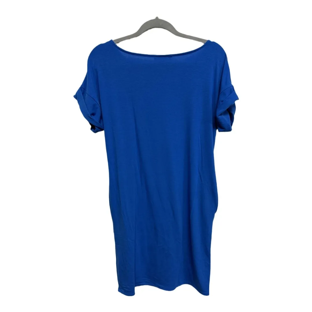 Zenana Premium Dress Solid Blue Pullover V-Neck Short Sleeve- Small Rolled Sleve - Image 4