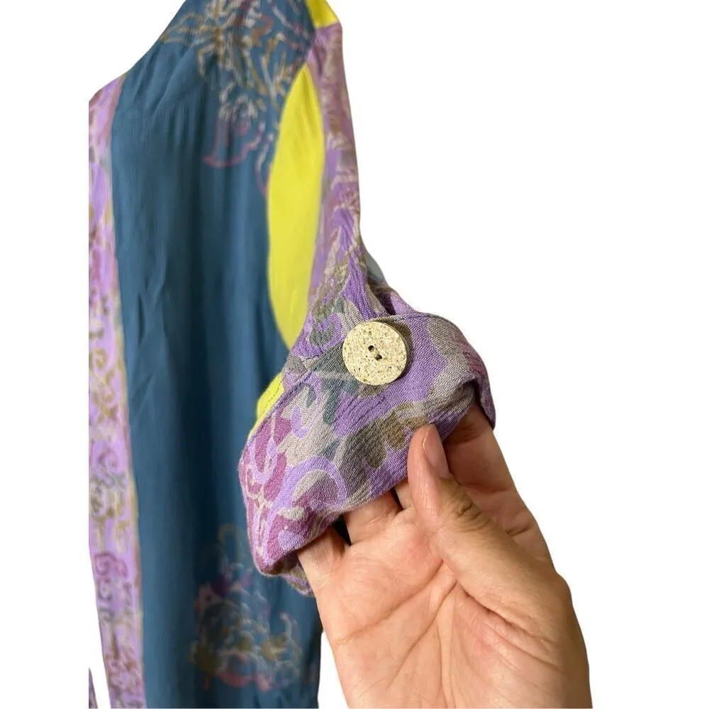 Soft Surroundings Purple Green Batik Print Rayon One Button Cardigan Blazer M - Image 4