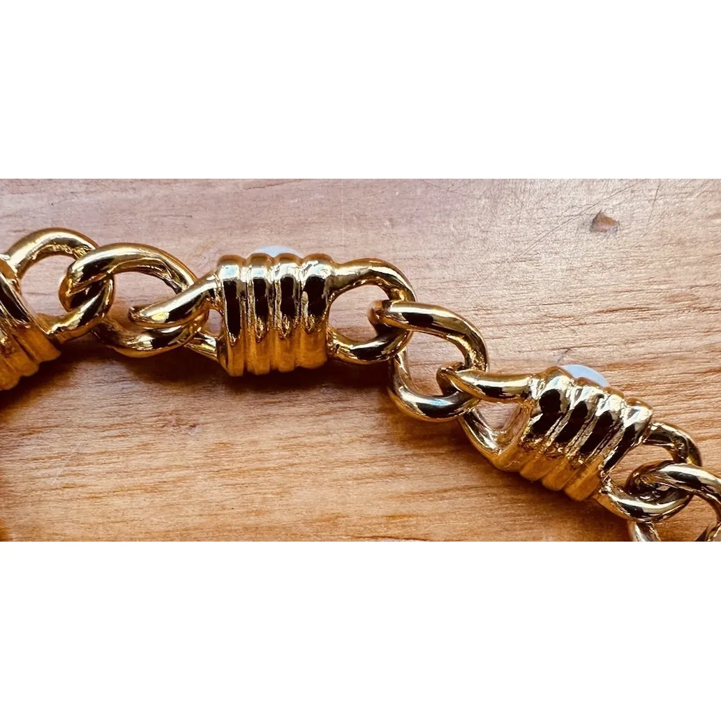 Faux Pearl‎ Gold Tone Simulated Pearl Fancy 6.5" Chain Link Chunky Bracelet - Image 5