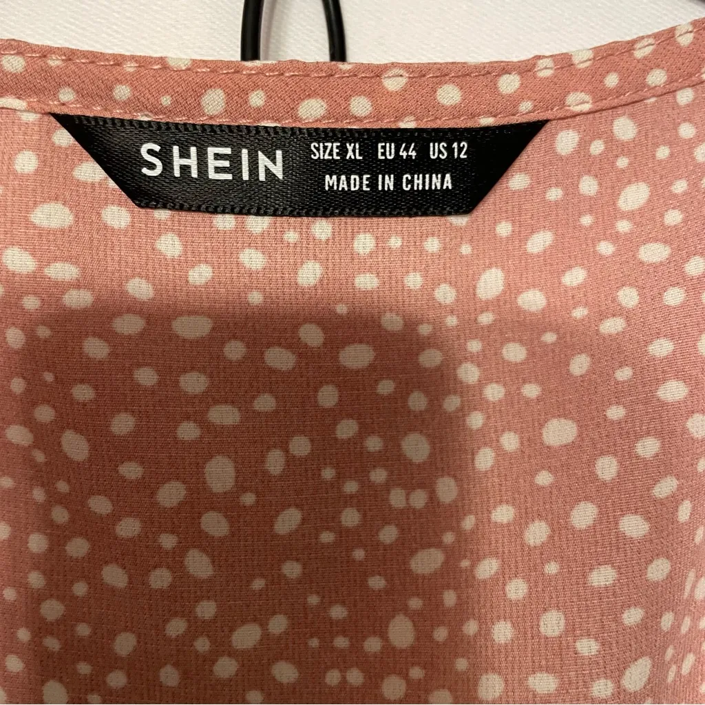 SHEIN Wrap Dress V-Neck Pink White Dot Women XL Boho Croquette Girl Long Sleeve - Image 5