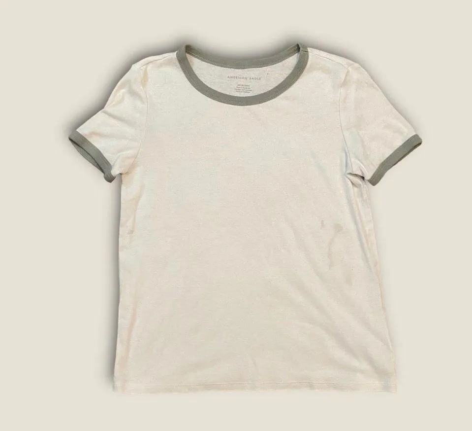 American Eagle Baby Tee Ringer Style Contrast Trim Off White XS - Image 3