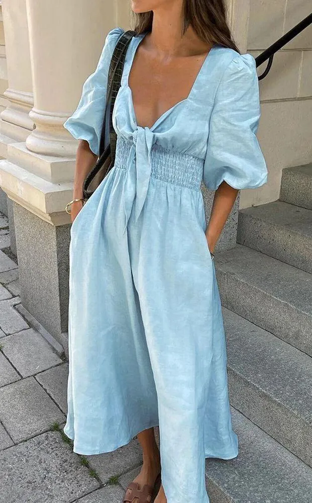 Commense Cotton Linen Twist‎ Tunic Midi Dress Light Blue Short Puffed Sleeve NWT Size M - Image 2