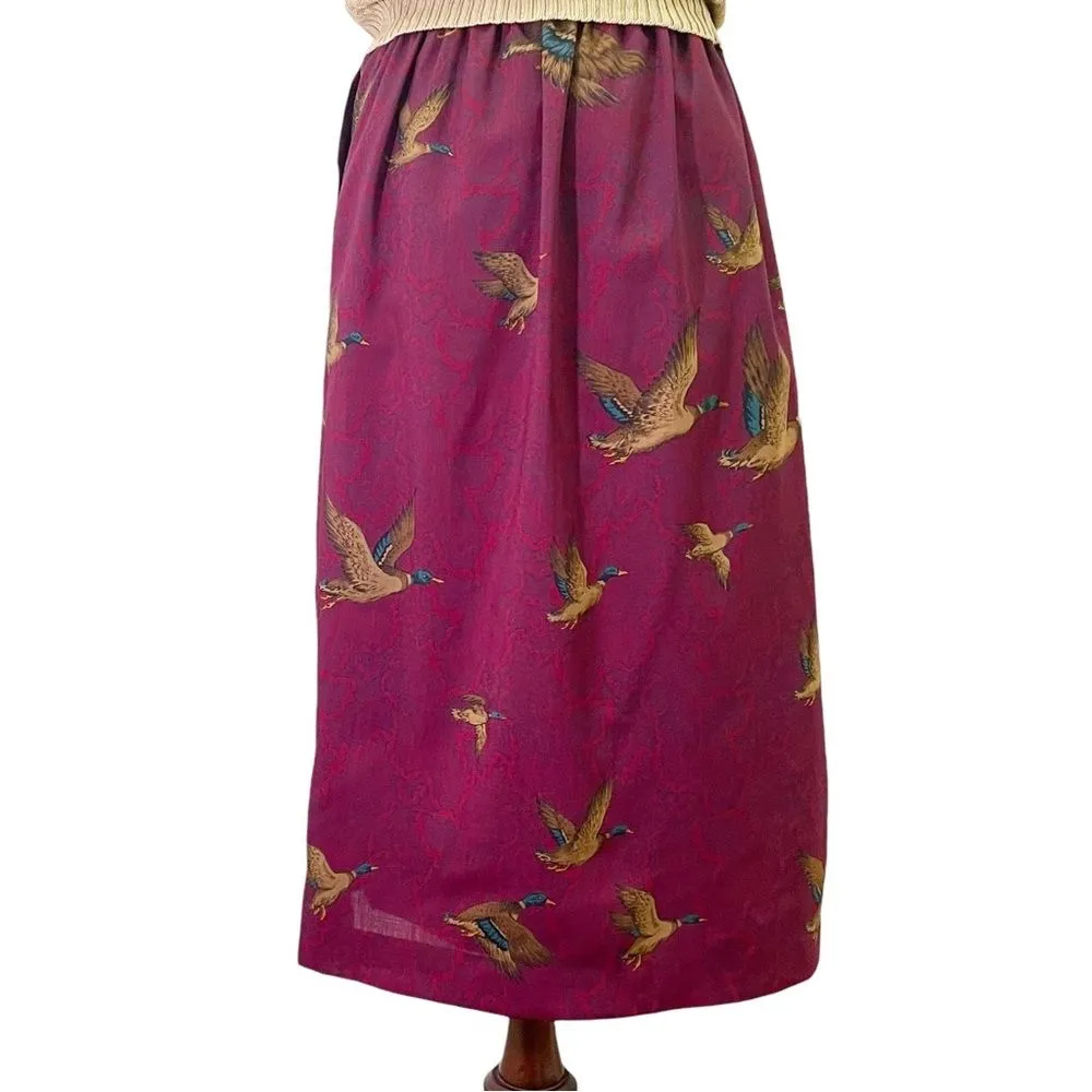 Vintage Deans of Scotland Wool Midi Skirt Burgundy Mallard Ducks Size 6 UK 2 US Red - Image 3