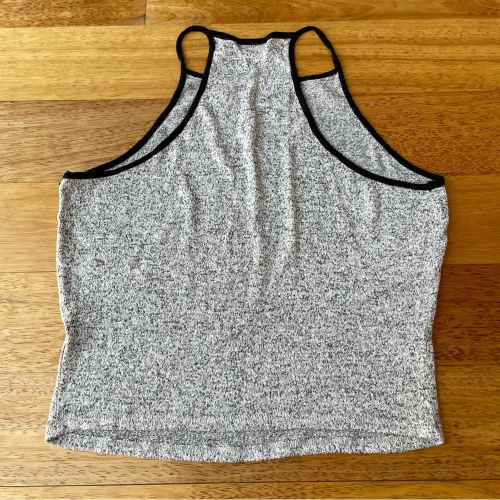 Heathered Grey Cropped Halter Neck Style Rock and Roll Tank Top w/ Black Details - Image 2