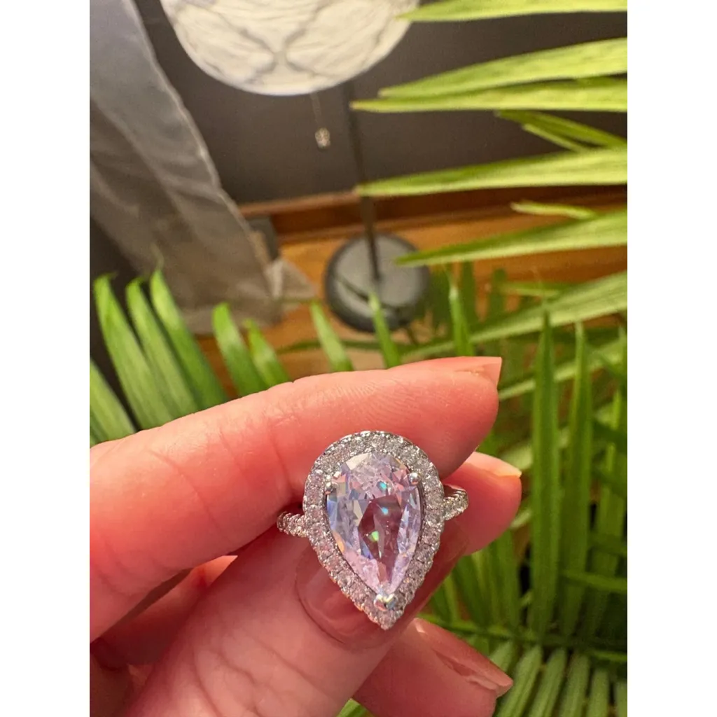 NEW 3‎ Carat Platinum 925 Sterling Silver Pear Halo Engagement Ring, Size 7 - Image 4