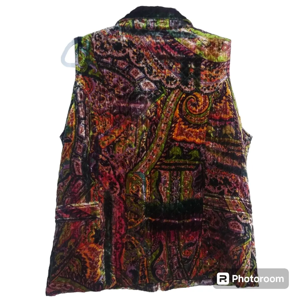 Chicos Velvet Silk Blend Paisley Full Zip Quilted Sleeveless Multi Vest Size M - Image 2