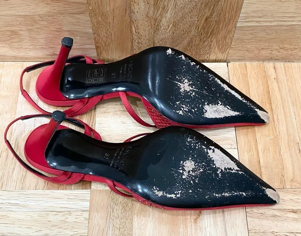 Vintage ESCADA Red Satin Embellished Pointy Toe Sling Back High Heels Pump 37 Size 6 - Image 13