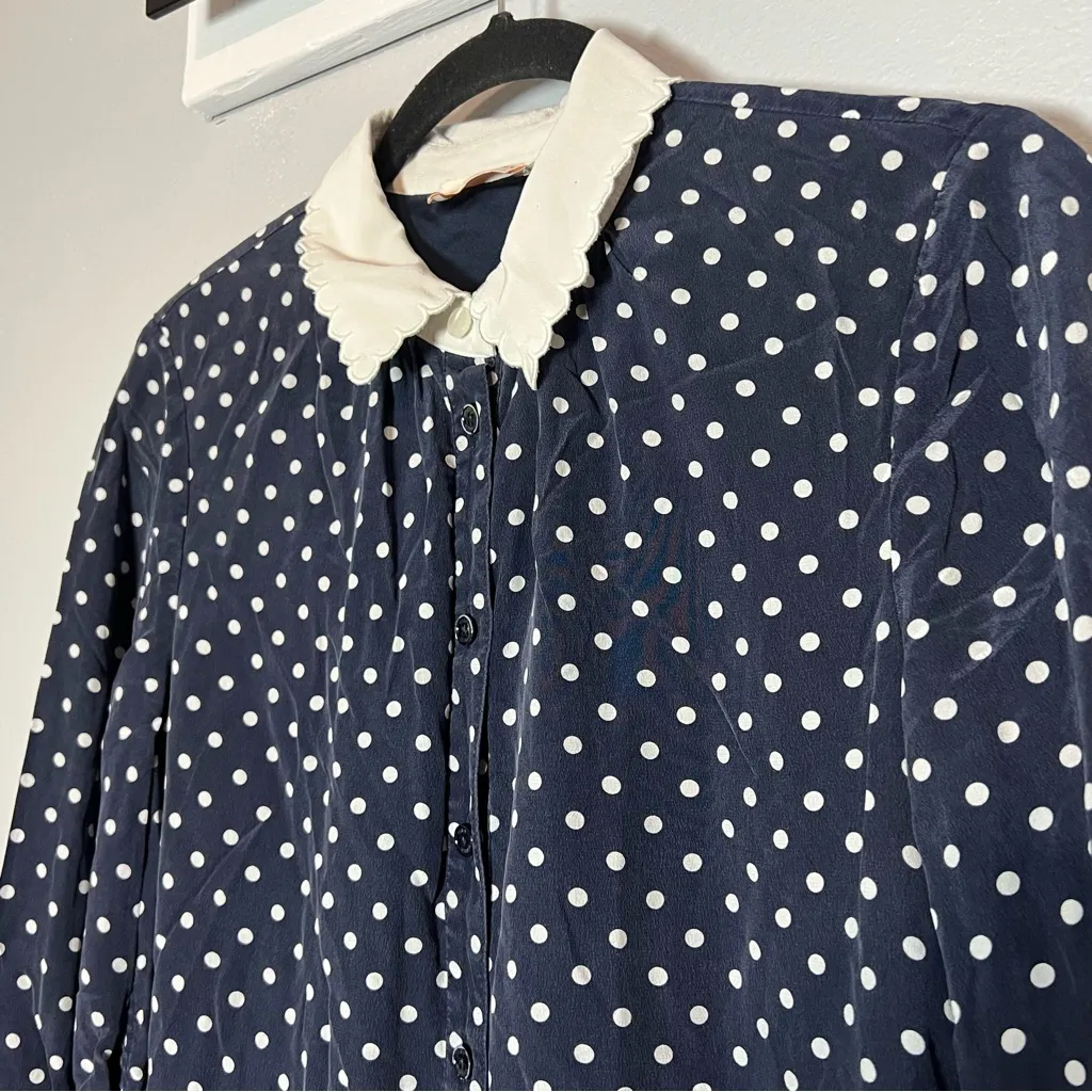 Tory Burch Cora Navy Blue Polka Dot Mini Dress Cream Scalloped Cuff Silk Size 4 - Image 6