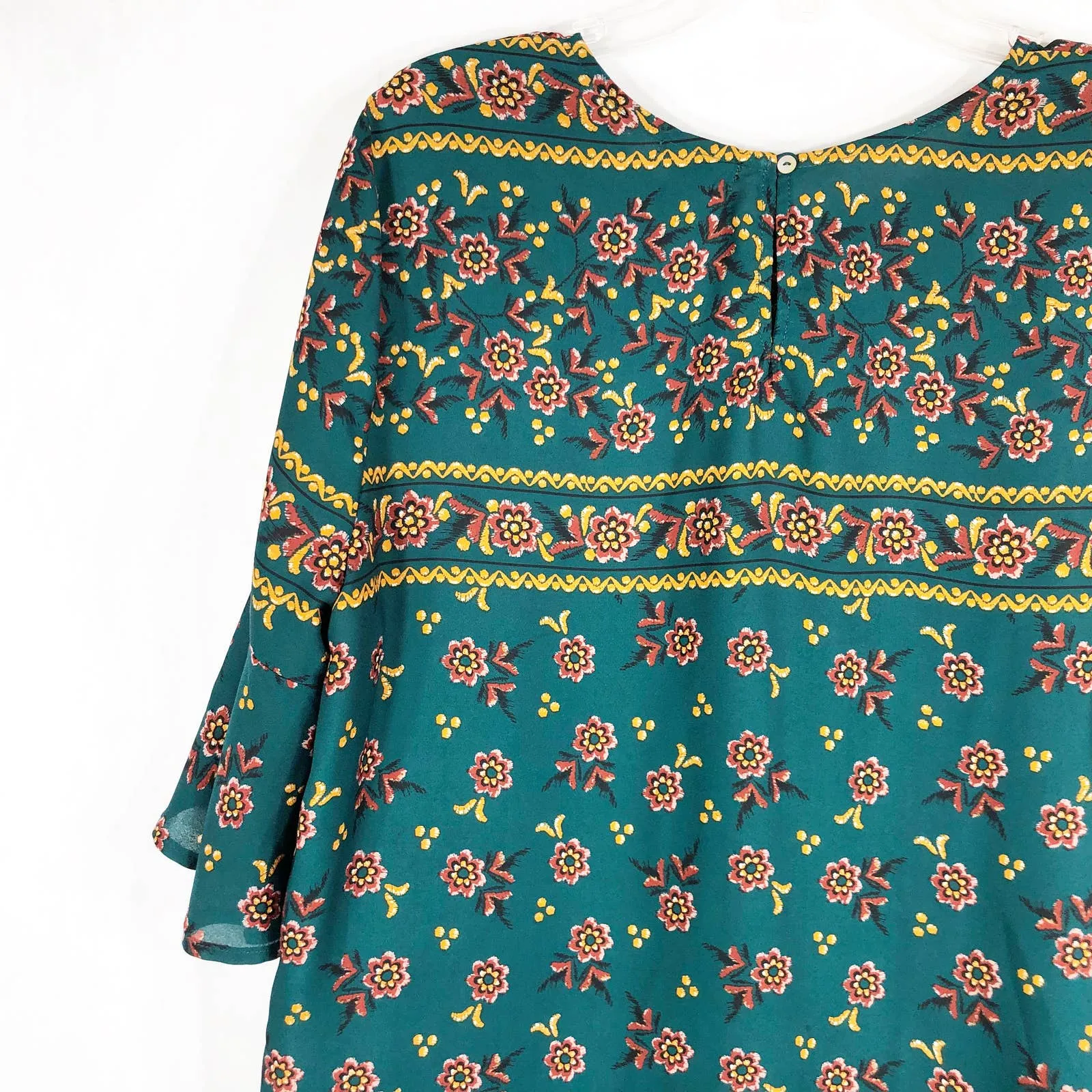 New Directions Large Top Green Floral Bell Sleeve Chiffon Yellow Red Boho 1172‎ - Image 7