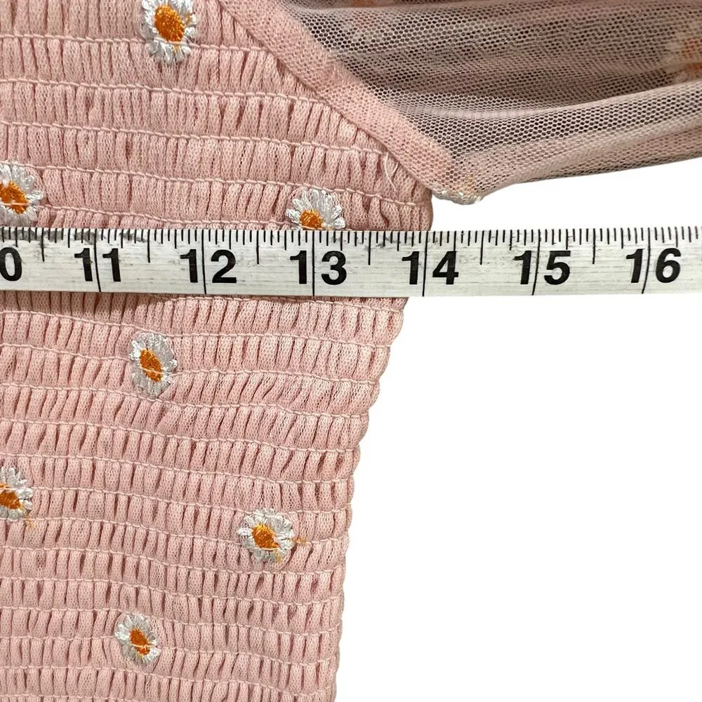 Altar'd State Crop Top Womens M Pink Embroidered Daisy Smocked Ruffle Coquette - Image 5