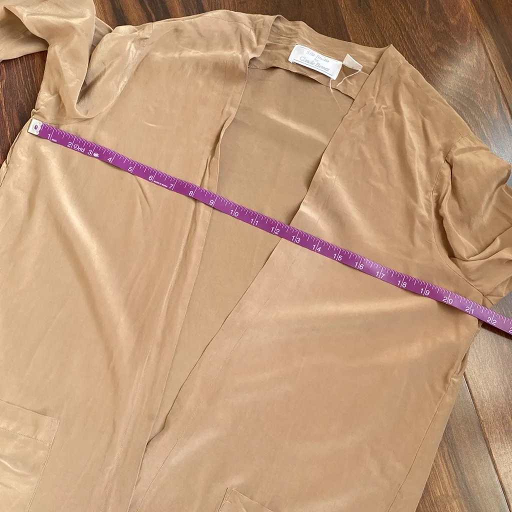 100% Silk Studio by Claude Bennett Open Front Matte Silk Pocket Cardigan Tan Size 10 - Image 5