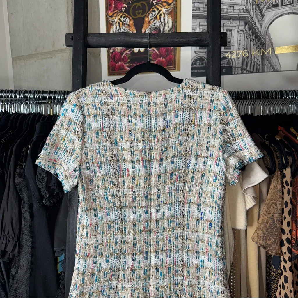 Santorelli Multicolor Metallic Fringed Tweed Shift Dress NWT $495 White Size 8 - Image 6