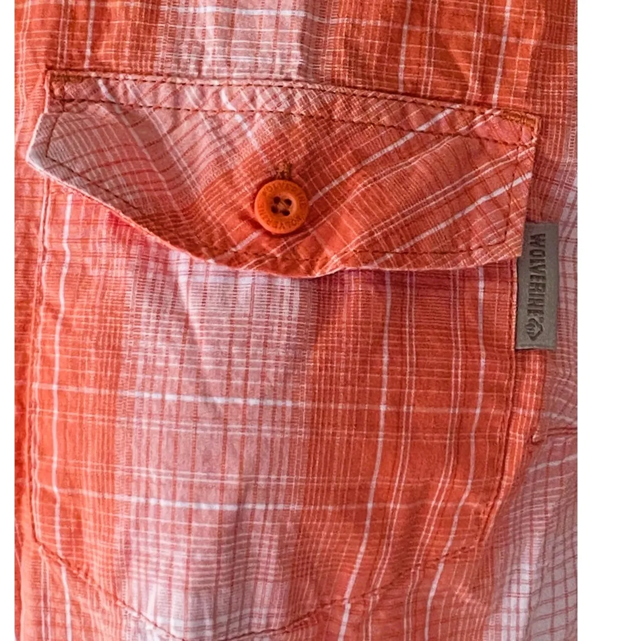 WOLVERINE Melon & White Plaid Brook Short Sleeve Cotton Shirt ~ Women's LARGE Orange - Image 5