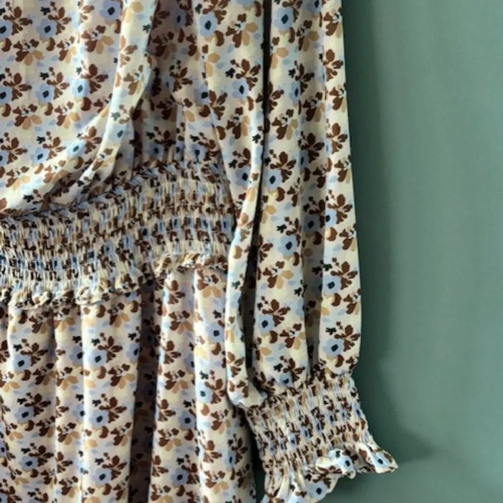 Kori Dress L Blue Brown Floral Puff Sleeve Smocked Cottagecore Boho Prairie - Image 6