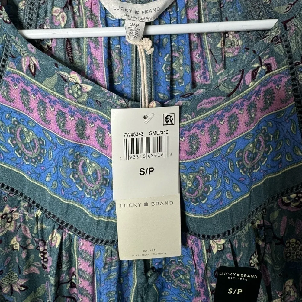 Lucky brand printed paisley floral puff short sleeve 1/4 button blouse Size S - Image 8