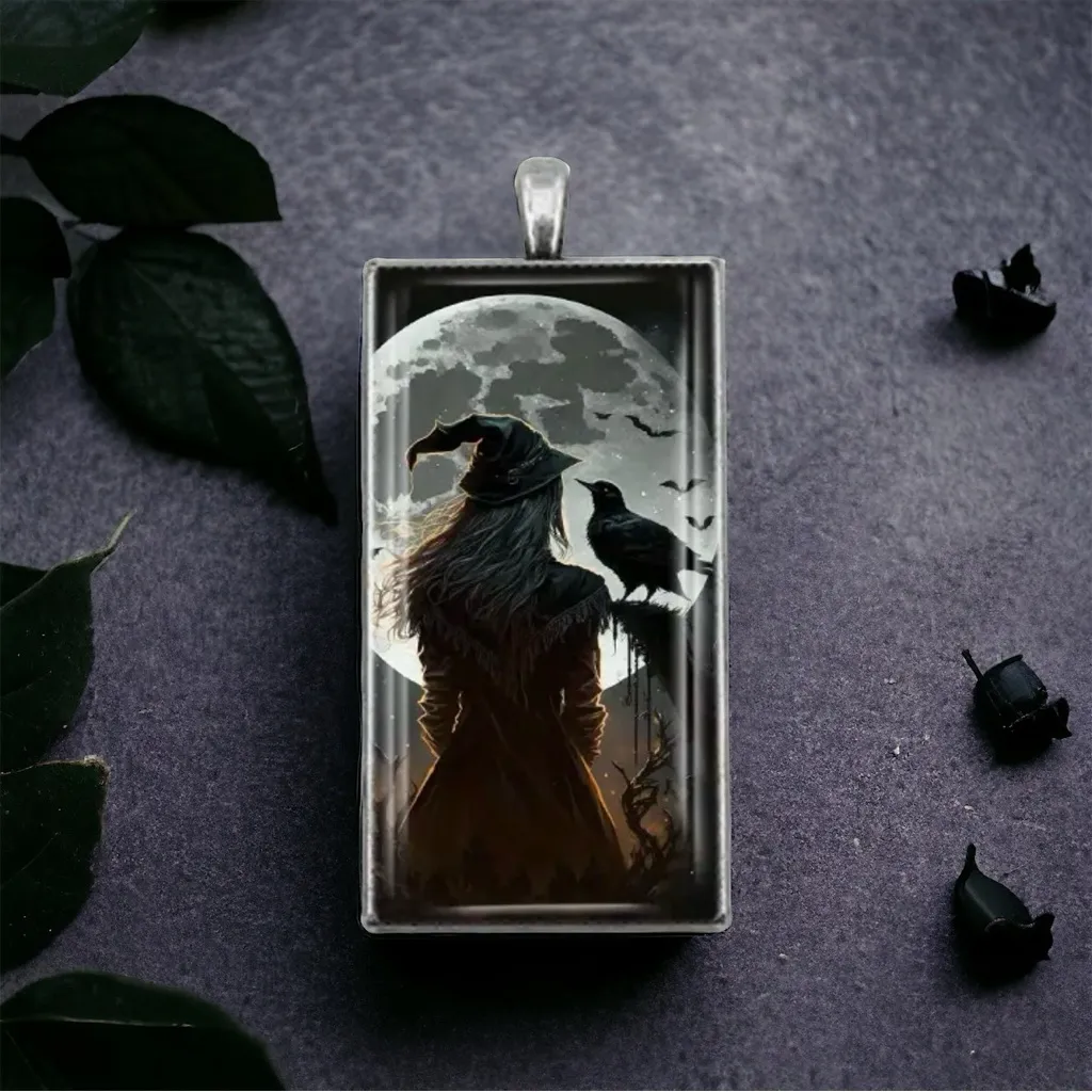1pc Witch & Crow Pattern Rectangular Pendant Necklace Exquisite Silver‎ Plated Silver - Image 3