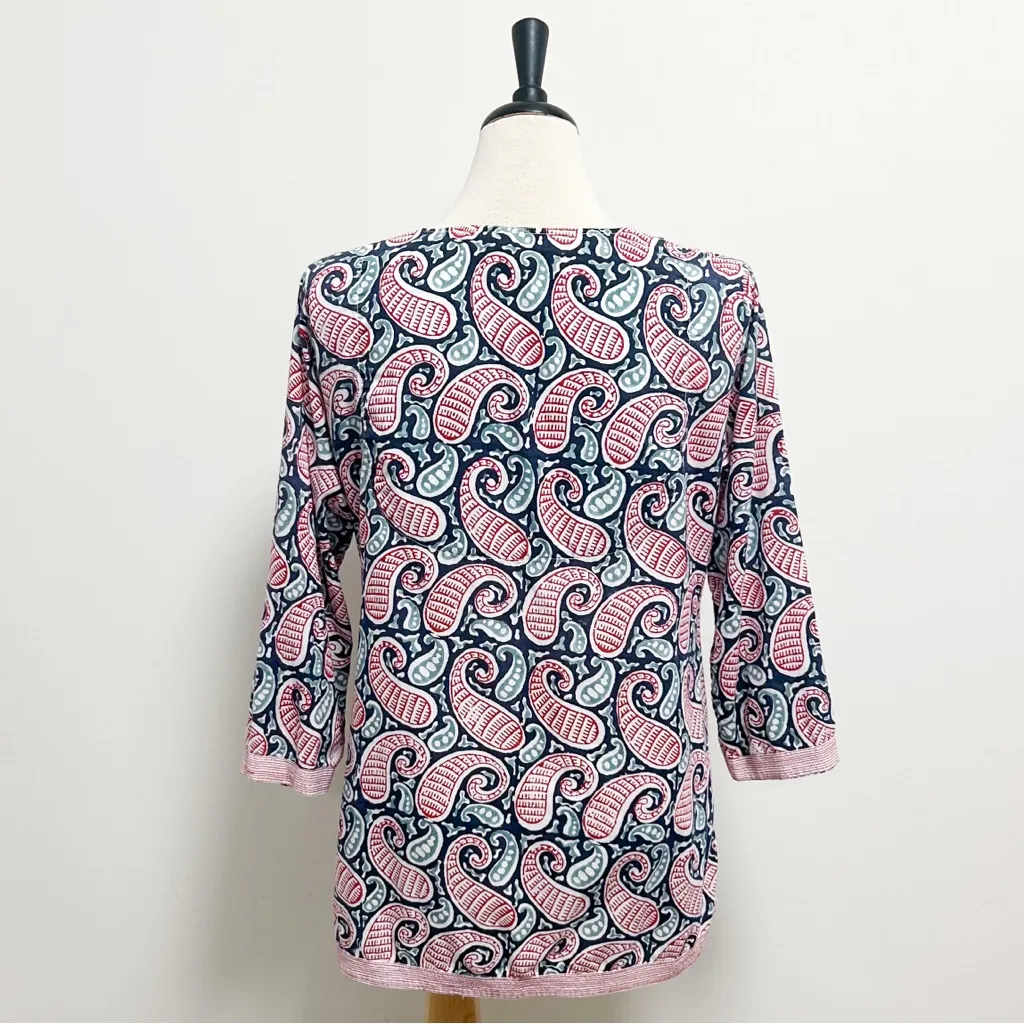 Gretchen Scott Paisley Stripe Red White Blue V Neck 3/4 Sleeve Cotton Tunic L Size L - Image 5