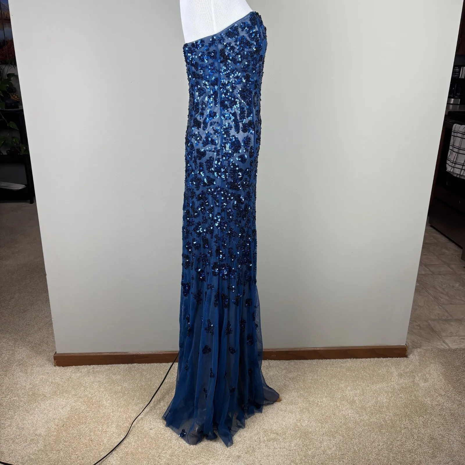 Cache Sequin Gown Dress 2 Blue Strapless‎ Mesh Tulle Romantic Lined Vintage Y2K - Image 8