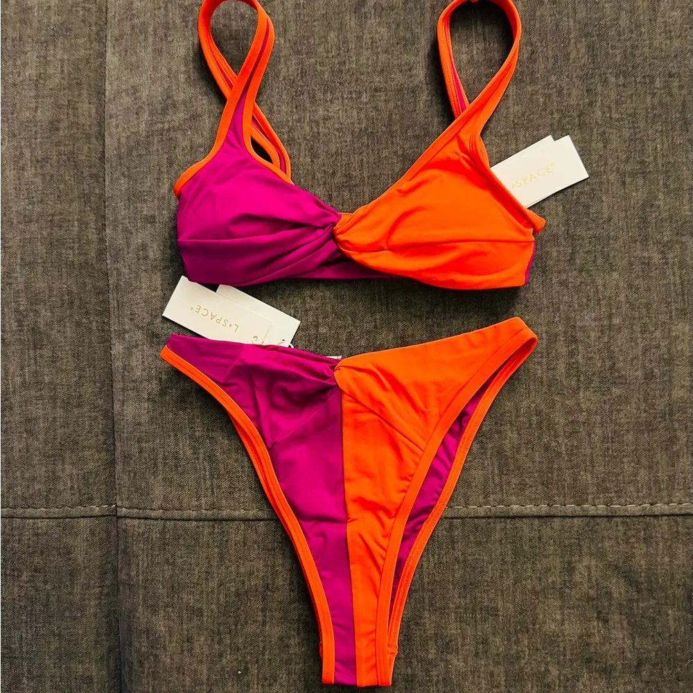 L*Space Cardi Bikini Top & Jada High Waist Bottoms Bikini Set Berry Pimento XS - Image 3