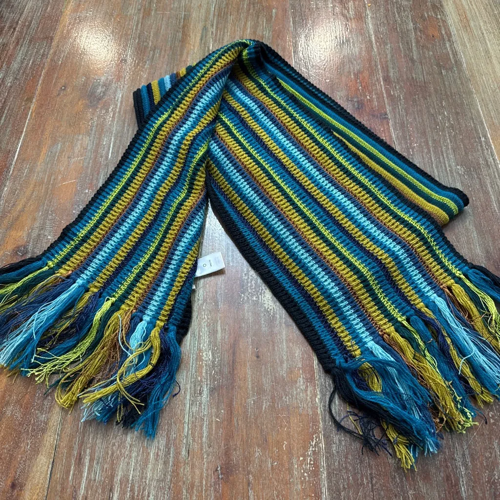 Coldwater Creek Striped Scarf One Size Blue Yellow Tan Black - Image 6