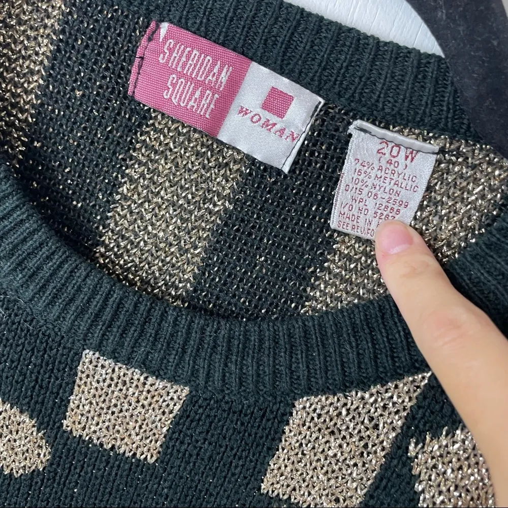 Vtg Gold Metallic Sweater Sz XL Geometric Polka Dot Print Black - Image 4