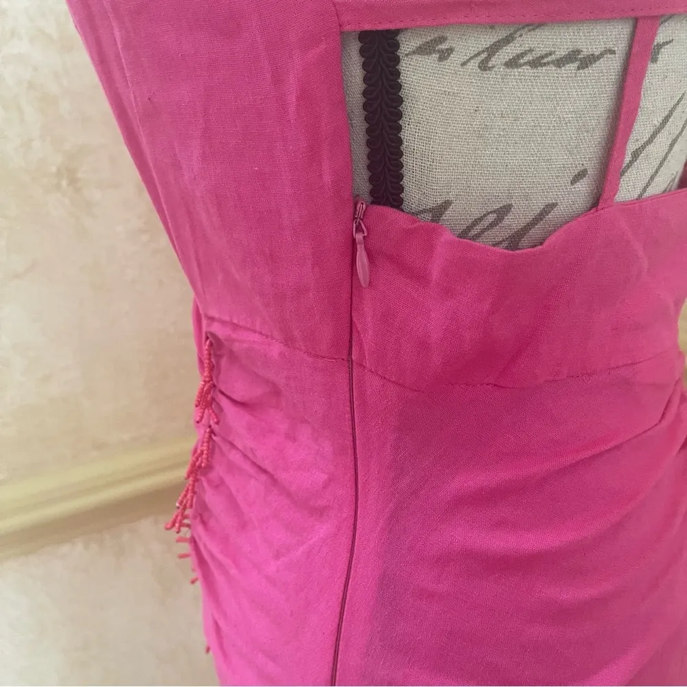 ZARA PINK MAGENTA BEADED LINEN BLEND MINI DRESS OPEN BACK SZ M - Image 4