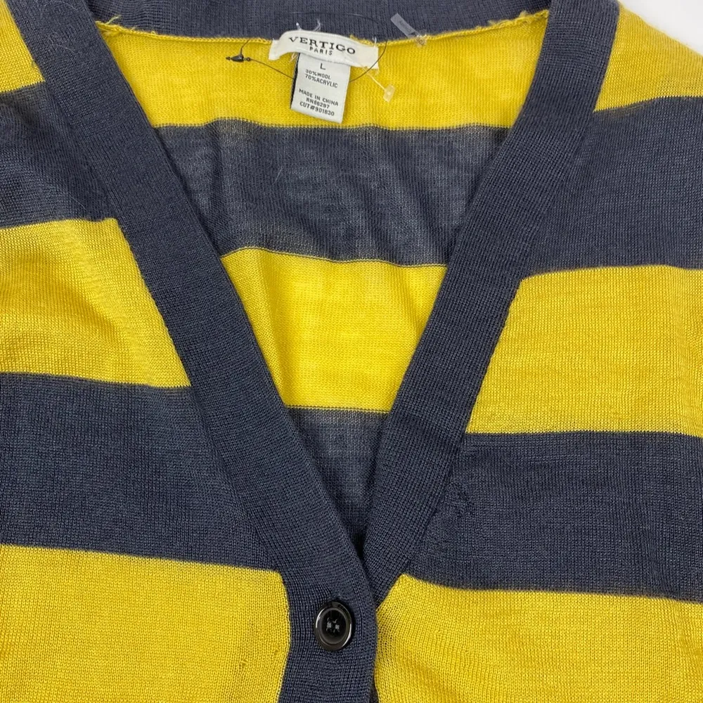 Vertigo Mustard Navy V-Neck Striped Open Front Cardigan L juniors NWOT - Image 3