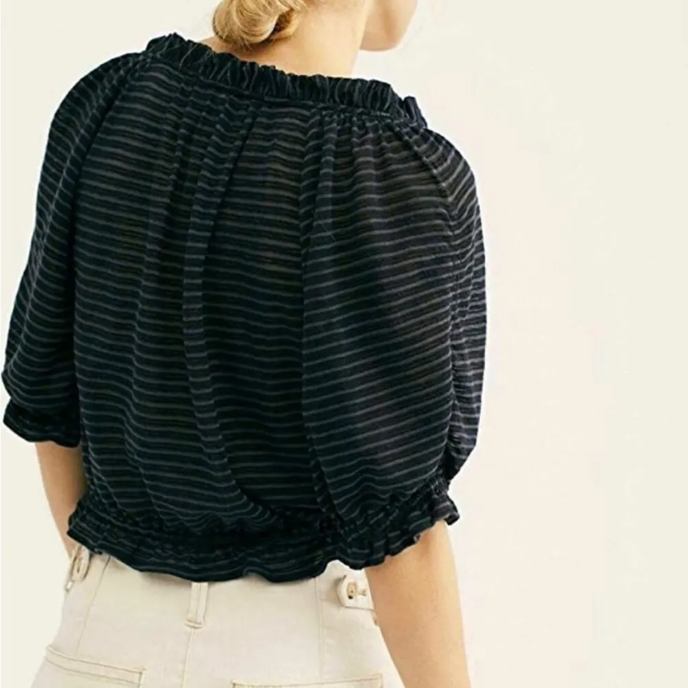 Free People Dorothy Striped Peasant Top Black Blue Drawstring Womens Medium - Image 2