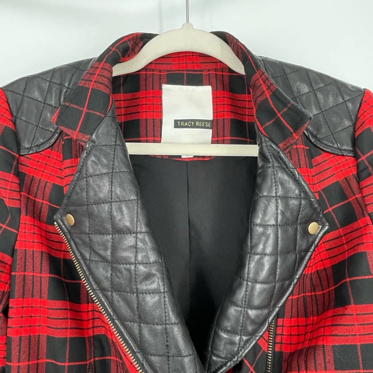 Tracy Reese Women's Scarlet/Black Tartan Plaid Leather Little Moto Jacket Size 6 - Image 5