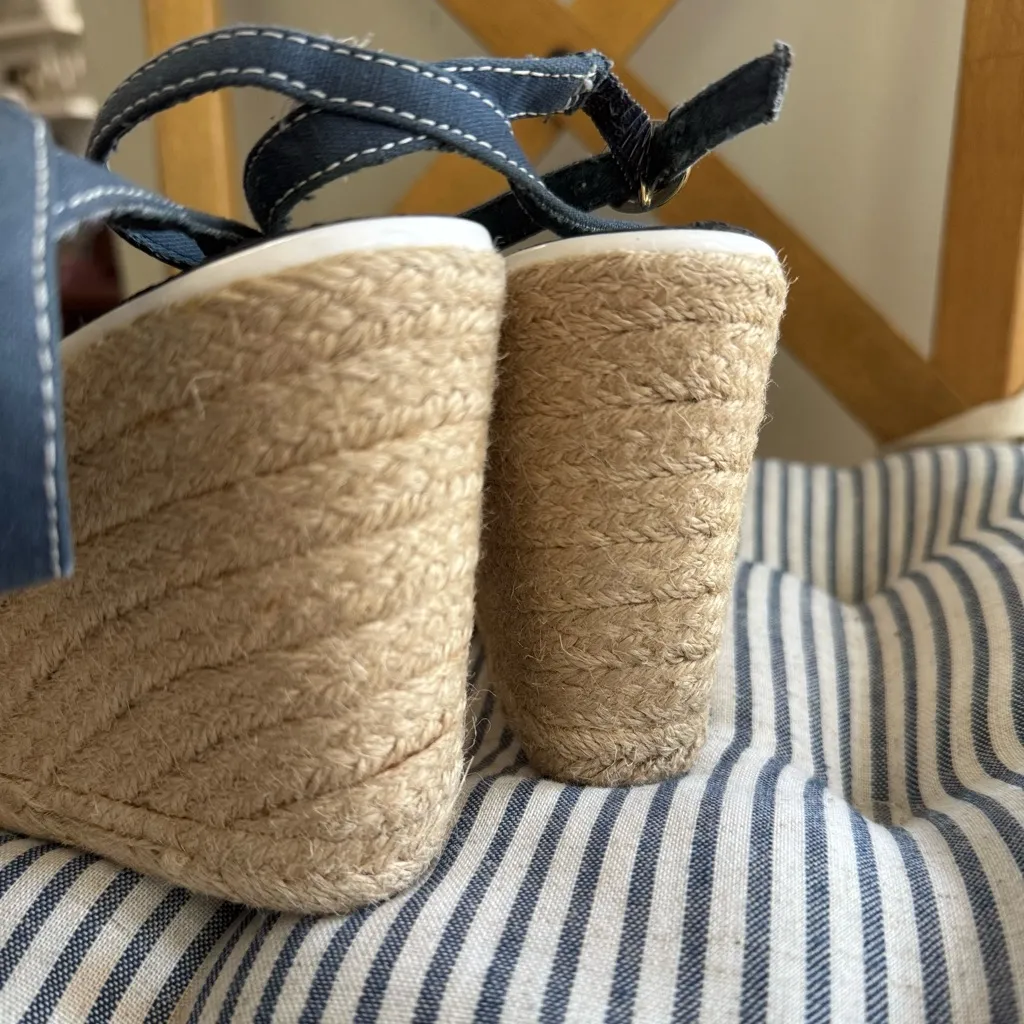 Tommy Hilfiger Red White Navy Blue Ankle Strap Espadrille Wedge Sandals 9 FLAW - Image 3